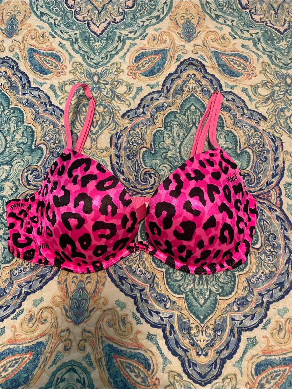 PINK Victoria's Secret Hot Pink and Black Leopard Push-Up Bra